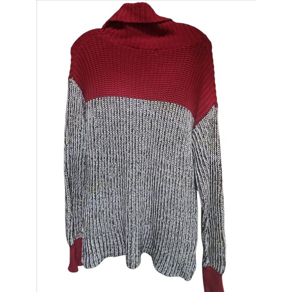 525 America Women’s Small Red Gray Colorblock Cowl Neck Chunky Knit Sweater - Picture 5 of 7